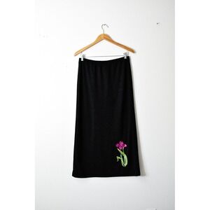 Quacker Factory Midi Skirt Womens S Black Vintage Beaded Floral Applique Slit‎